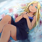  1girl aqua_eyes bare_arms bare_shoulders black_dress blonde_hair collarbone dark_skin dress flower hands_up idolmaster idolmaster_cinderella_girls kagiana layla_(idolmaster) long_hair looking_at_viewer lying on_back open_mouth petals purple_flower red_flower ripples smile solo straight_hair tareme water 