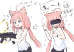  1girl ahoge animal_ears arms_up bike_shorts blue_eyes cat_ears choker commentary_request fang firing flying_sweatdrops gun henry_bird_9 hinata_channel htc_vive long_hair low_twintails nekomiya_hinata open_mouth pink_hair rifle scared shorts smile solo tears translation_request twintails upper_body vest vr_visor weapon white_vest wristband 