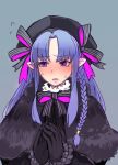  1girl black_gloves blush braid caster cosplay embarrassed fate/grand_order fate_(series) gloves hat nursery_rhyme_(fate/extra) nursery_rhyme_(fate/extra)_(cosplay) pointy_ears purple_hair ribbon sweat violet_eyes 