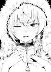  1girl absurdres akagi_asahito blush commentary_request fur-trimmed_hood hand_on_own_chest highres jewelry lace-trimmed_choker monochrome necklace one_eye_closed open_mouth original portrait ring skull skull_necklace solo teeth v-shaped_eyebrows wavy_mouth 