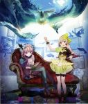  2girls absurdres atelier_(series) atelier_lydie_&amp;_suelle bird blush book boots bow bowtie breasts cleavage gloves hairband highres huge_filesize long_hair looking_at_viewer lydie_marlen multiple_girls noco_(adamas) official_art open_mouth pink_eyes pink_hair scan short_hair siblings side_ponytail sisters sitting skirt small_breasts smile suelle_marlen thigh-highs twins yellow_bow yuugen 