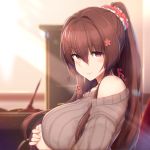  1girl alternate_costume blush breasts brown_hair brown_sweater closed_mouth collarbone desk flower from_side hair_flower hair_intakes hair_ornament hands_together highres indoors kantai_collection large_breasts light_rays long_hair long_sleeves looking_at_viewer off_shoulder osterei ponytail ribbed_sweater scrunchie sidelocks sitting smile solo sweater upper_body very_long_hair violet_eyes yamato_(kantai_collection) 