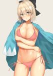  1girl ahoge bangs bikini black_bow blonde_hair blush body_mahattaya_ginga bow breasts cleavage closed_mouth collarbone fate/grand_order fate_(series) hair_between_eyes hair_bow half_updo haori hips japanese_clothes koha-ace large_breasts looking_at_viewer navel okita_souji_(fate) parted_lips pink_bikini short_hair side-tie_bikini simple_background smile solo swimsuit thighs waist wide_sleeves yellow_eyes 