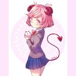  1girl blue_skirt blush commentary_request cowboy_shot cupcake demon_horns demon_tail doki_doki_literature_club food from_side gokurou hair_ornament hair_ribbon hairclip horns looking_at_viewer natsuki natsuki_(doki_doki_literature_club) pink_eyes pink_hair pleated_skirt red_ribbon ribbon school_uniform short_hair skirt solo sweatdrop tail twitter_username 