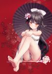  1girl azur_lane bare_arms bare_legs bare_shoulders barefoot black_hair black_umbrella blush bow breasts brown_eyes china_dress chinese_clothes closed_mouth commentary_request dress fingernails floral_background flower gio_(maroon0924) hair_bow hair_flower hair_ornament large_breasts long_hair oriental_umbrella pink_flower purple_flower red_background signature sitting sleeveless sleeveless_dress soles solo takao_(azur_lane) toenails umbrella very_long_hair white_bow white_dress 