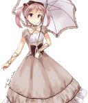  1girl alternate_costume black_bow bow brown_dress dated dress frilled_umbrella hair_bobbles hair_bow hair_ornament highres kantai_collection lolita_fashion looking_at_viewer minase_(takaoka_nanase) pink_eyes pink_hair puffy_short_sleeves puffy_sleeves ribbon sazanami_(kantai_collection) short_hair short_sleeves simple_background solo twintails twitter_username white_background white_umbrella 