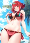  1girl absurdres baffu bangs bare_shoulders bikini blue_sky blush breasts cleavage collarbone day earrings eyebrows_visible_through_hair highres hips pyra_(xenoblade) jewelry large_breasts looking_at_viewer navel outdoors palm_tree red_bikini red_eyes redhead short_hair sidelocks sky smile solo swept_bangs swimsuit thighs tiara tree waist xenoblade_(series) xenoblade_2 