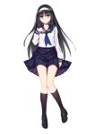  1girl allenes black_hair black_legwear blue_eyes blush full_body hairband highres kneehighs loafers long_hair looking_at_viewer pleated_skirt school_uniform serafuku shoes simple_background skirt solo tohno_akiha tsukihime white_background white_hairband 