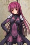  1girl blush bodysuit breasts covered_navel cowboy_shot fate/grand_order fate_(series) large_breasts long_hair looking_at_viewer onna_kishi_no_shiro pauldrons purple_bodysuit purple_hair red_eyes scathach_(fate/grand_order) shoulder_armor smile solo very_long_hair 