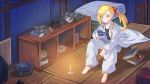  1girl anzu_(hinamatsuri) barefoot blonde_hair book bowl candle chopsticks food futon hair_ribbon highres hinamatsuri_(manga) inside instant_ramen long_hair memekun ponytail pot red_ribbon ribbon shirt side_ponytail sitting solo white_coat yellow_eyes 