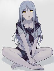  1girl breasts collarbone denim denim_shorts full_body grey_background highres kantai_collection legs_crossed long_hair looking_at_viewer medium_breasts pale_skin parted_lips sailor_collar shinkaisei-kan short_sleeves shorts sidelocks silver_hair simple_background sitting smile solo ta-class_battleship teeth walzrj yellow_eyes 