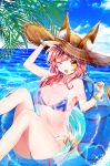  1girl ;d animal_ears bead_bracelet beads bikini bikini_under_clothes blue_bikini blue_sky blush bracelet breasts clouds day ears_through_headwear fang fate/grand_order fate_(series) food fox_ears fox_tail hat highres jewelry looking_at_viewer medium_breasts miyo_(user_zdsp7735) navel ocean one_eye_closed open_mouth pink_hair popsicle salute shirt side-tie_bikini sky smile solo straw_hat swimsuit tail tamamo_(fate)_(all) tamamo_no_mae_(swimsuit_lancer)_(fate) water wet wet_clothes wet_shirt white_shirt yellow_eyes 