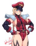  1girl 2018 abs blonde_hair blue_eyes blush braid breasts cammy_white closed_mouth cosplay cowboy_shot dated eyelashes fingerless_gloves gloves hands_on_hips hat highres hori_shin large_breasts leotard long_hair muscle muscular_female no_bra pauldrons peaked_cap red_gloves red_hat red_leotard sideboob simple_background skull smile solo standing street_fighter thighs turtleneck twin_braids vega vega_(cosplay) white_background 