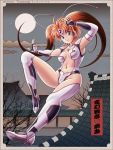  1girl 2018 antennae architecture asuka_(hengen_sennin_asuka) boots border breasts center_opening clouds collarbone dated east_asian_architecture elbow_gloves eyebrows_visible_through_hair fingerless_gloves full_body full_moon gloves heart hengen_sennin_asuka highres leg_up leotard looking_at_viewer magical_girl medium_breasts moon navel orange_hair outdoors sky solo tamanegiinyo thigh-highs thigh_boots twintails violet_eyes white_legwear white_leotard 