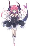  1girl arm_up asymmetrical_horns bangs black_dress black_ribbon blue_eyes blush boots breasts cer_(cerber) closed_mouth curled_horns detached_sleeves dragon_girl dragon_horns dragon_tail dress elizabeth_bathory_(fate) elizabeth_bathory_(fate)_(all) eyebrows_visible_through_hair fate/extra fate/extra_ccc fate_(series) full_body hair_between_eyes hair_ribbon horns knee_boots long_hair long_sleeves pink_hair pointy_ears ribbon simple_background small_breasts smile solo standing tail two_side_up very_long_hair white_background white_footwear 