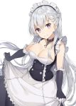  1girl apron azur_lane bangs bare_shoulders belfast_(azur_lane) black_dress black_gloves braid breasts broken broken_chain chains cleavage closed_mouth collarbone commentary_request dress elbow_gloves eyebrows_visible_through_hair frilled_apron frills gloves hair_between_eyes head_tilt highres large_breasts maid_headdress rikoma silver_hair simple_background sleeveless sleeveless_dress smile solo violet_eyes waist_apron white_apron white_background 