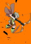  1girl action arched_back arrow asymmetrical_gloves belt black_bow black_gloves black_legwear boots bow bow_(weapon) brown_shorts cape chest_strap drawing_bow elf from_side full_body gangure_(disemboweled) gloves goblin_slayer! green_eyes green_hair green_shirt hair_bow high_elf_archer_(goblin_slayer!) hip_vent holding holding_bow_(weapon) holding_weapon long_hair orange_background pointy_ears quiver shirt shorts solo thigh-highs thigh_boots weapon 