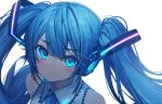  1girl aqua_eyes aqua_hair bare_shoulders blue_eyes blue_hair blush closed_mouth detached_sleeves from_above hakura_kusa hatsune_miku headphones headset long_hair looking_at_viewer necktie sleeveless solo twintails vocaloid 