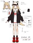  1girl animal_ears bare_legs baseball_cap blonde_hair blue_eyes collar fox_ears fox_tail full_body hat hat_removed hat_with_ears headwear_removed highres hood hoodie jacket long_hair no_pants open_clothes open_jacket red_footwear shugao smile tail translation_request virtual_youtuber white_background 