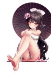  1girl azur_lane bare_arms bare_legs bare_shoulders barefoot black_hair black_umbrella blush bow breasts brown_eyes china_dress chinese_clothes closed_mouth dress fingernails flower gio_(maroon0924) hair_bow hair_flower hair_ornament large_breasts long_hair oriental_umbrella pink_flower purple_flower red_background revision signature simple_background sitting sleeveless sleeveless_dress soles solo takao_(azur_lane) toenails umbrella very_long_hair white_bow white_dress 