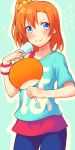  1girl :i aqua_background bangs blue_eyes blue_pants blue_shirt blush closed_mouth collarbone cowboy_shot fan food hair_between_eyes hair_ornament hair_scrunchie holding holding_fan kano_hito kousaka_honoka love_live! love_live!_school_idol_project medium_hair one_side_up orange_hair outline pants popsicle scrunchie shirt short_sleeves single_bare_shoulder solo standing t-shirt v-shaped_eyebrows wristband yellow_scrunchie 