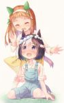  2girls :d ^_^ animal_ears bangs blush bow braid brown_hair closed_eyes commentary_request eyebrows_visible_through_hair facing_viewer flower hair_between_eyes hair_bow hairband horse_ears horse_girl horse_tail long_hair long_sleeves multicolored_hair multiple_girls nose_blush open_mouth overall_shorts pu-en purple_bow shirt short_sleeves silence_suzuka sitting skirt smile socks special_week standing streaked_hair tail umamusume violet_eyes wariza white_flower white_hair white_hairband white_legwear white_shirt yellow_skirt 