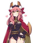  1girl animal_ears black_leotard bow cape chan_co closed_mouth commentary_request cosplay ereshkigal_(fate/grand_order) ereshkigal_(fate/grand_order)_(cosplay) eyebrows_visible_through_hair fate/extra fate/grand_order fate_(series) fox_ears fox_girl hair_between_eyes hair_bow hair_ornament leotard long_hair long_sleeves looking_at_viewer pink_hair pink_heart red_bow red_cape single_sleeve skull smile smug solo spine tail tamamo_(fate)_(all) tamamo_no_mae_(fate) thighs tiara tohsaka_rin tohsaka_rin_(cosplay) yellow_eyes 