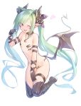  1girl ;d animal_ears arm_strap bare_shoulders bell black_gloves black_legwear breasts collar deluxe&lt;&lt;&lt; demon_girl demon_tail earrings eyebrows_visible_through_hair fang fingerless_gloves full_body gloves green_hair heart highres horns jewelry jingle_bell long_hair looking_at_viewer low_wings navel one_eye_closed open_mouth original paw_pose pointy_ears revealing_clothes ryisu_(deluxe&lt;&lt;&lt;) sidelocks simple_background small_breasts smile solo tail thigh-highs thigh_strap toeless_legwear twintails very_long_hair violet_eyes wings 