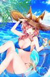  1girl ;d animal_ears bead_bracelet beads bikini blue_bikini blue_sky blush bracelet breasts clouds day ears_through_headwear fang fate/grand_order fate_(series) food fox_ears fox_tail hat highres jewelry looking_at_viewer medium_breasts miyo_(user_zdsp7735) navel ocean one_eye_closed open_mouth pink_hair popsicle salute side-tie_bikini sky smile solo straw_hat swimsuit tail tamamo_(fate)_(all) tamamo_no_mae_(swimsuit_lancer)_(fate) water wet yellow_eyes 