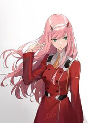  1girl aiko_(kanl) bangs breasts darling_in_the_franxx green_eyes hairband horns long_hair medium_breasts necktie pink_hair solo uniform zero_two_(darling_in_the_franxx) 