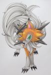  claws creature full_body gen_7_pokemon green_eyes grey_background looking_at_viewer lycanroc marker_(medium) no_humans pokemon pokemon_(creature) simple_background solo soma_somari spikes standing traditional_media 