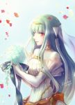  1girl bare_shoulders blue_hair blush bridal_veil bride dress elbow_gloves fire_emblem fire_emblem:_rekka_no_ken fire_emblem_heroes gloves highres long_hair mamkute mintes ninian smile veil wedding wedding_dress 