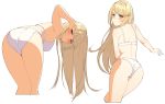  1girl ass bangs bent_over blonde_hair blush bra breasts from_behind hair_tucking highres mythra_(xenoblade) icarus_(632247131) large_breasts long_hair looking_at_viewer looking_back multiple_views panties sidelocks simple_background swept_bangs underwear underwear_only v-shaped_eyebrows white_background white_bra white_panties xenoblade_(series) xenoblade_2 yellow_eyes 
