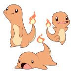  black_eyes charmander creature fang fiery_tail fire gen_1_pokemon lying mary_cagle no_humans on_stomach pokemon pokemon_(creature) simple_background tail white_background 