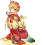  1girl bird_wings blush commentary_request cup flower green_eyes hair_flower hair_ornament highres japanese_clothes kanataww kimono leilan_(p&amp;d) long_hair looking_back orange_hair puzzle_&amp;_dragons sakazuki side_ponytail sitting smile solo wariza wings 