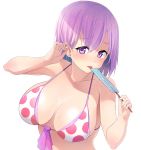  1girl :p bangs bare_shoulders bikini blush breasts breasts_apart collarbone eyebrows_visible_through_hair eyelashes fate/grand_order fate_(series) food front-tie_bikini front-tie_top hair_between_eyes hair_tucking hands_up highres holding large_breasts looking_at_viewer mash_kyrielight open_mouth popsicle purple_hair short_hair sideboob simple_background skindentation smile solo swimsuit tongue tongue_out violet_eyes white_background xiaodi 
