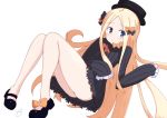  1girl abigail_williams_(fate/grand_order) ass bangs black_bow black_dress black_footwear black_hat blonde_hair blue_eyes blush bow bug butterfly closed_mouth commentary_request dress eyebrows_visible_through_hair fate/grand_order fate_(series) forehead hair_bow hat insect kujou_karasuma long_hair long_sleeves looking_at_viewer mary_janes orange_bow parted_bangs polka_dot polka_dot_bow shoes signature simple_background sleeves_past_fingers sleeves_past_wrists solo very_long_hair white_background 