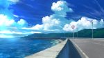  absurdres clouds cloudy_sky day guard_rail highres no_humans ocean original outdoors peke_(shadow105) road road_sign scenery sign sky summer 