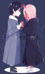  1boy 1girl bandage black_cloak black_hair blue_eyes boots cloak coat commentary_request couple darling_in_the_franxx face-to-face facing_another fingernails fur_boots fur_trim green_eyes grey_coat hand_holding hetero hiro_(darling_in_the_franxx) hood hooded_cloak horns long_hair looking_at_another nakodayo09 oni_horns parka pink_hair red_horns red_pupils red_sclera red_skin short_hair spoilers winter_clothes winter_coat younger zero_two_(darling_in_the_franxx) 
