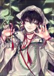  1boy akgi black_background black_hair brown_eyes coat grin hakutaku_(hoozuki_no_reitetsu) hoozuki_no_reitetsu jewelry long_sleeves looking_at_viewer male_focus necklace open_clothes open_coat pearl_necklace plant red_string shirt smile solo string white_shirt 