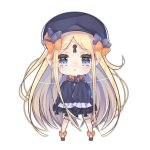  1girl :o abigail_williams_(fate/grand_order) bangs black_bow black_dress black_footwear black_hat blonde_hair bloomers blue_eyes blush bow bug butterfly cer_(cerber) chibi dress fate/grand_order fate_(series) full_body hair_bow hands_up hat insect keyhole long_hair long_sleeves lowres orange_bow parted_bangs parted_lips pointy_ears polka_dot polka_dot_bow simple_background sleeves_past_fingers sleeves_past_wrists solo standing underwear very_long_hair white_background white_bloomers 