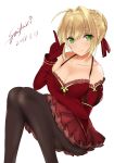  1girl ahoge ass black_legwear blonde_hair breasts cleavage commentary_request dress fate/extra fate/grand_order fate_(series) green_eyes nero_claudius_(fate) nero_claudius_(fate)_(all) pantyhose red_dress short_hair solo 