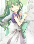  1girl :d bangs casual commentary_request dress green_eyes green_hair grey_dress hair_ornament hatsune_miku long_hair looking_at_viewer open_mouth short_sleeves smile solo twintails vocaloid yoshito 