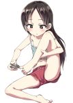  1girl bare_legs barefoot brown_hair clipping_nails commentary_request eyebrows_visible_through_hair flat_chest highres knee_up long_hair miyao_ryuu nail_clippers navel original short_shorts shorts sitting solo stomach tank_top toes white_background 