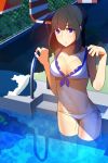  1girl bikini black_hair blue_eyes long_hair looking_at_viewer neduysnes original outdoors pool solo swimsuit tagme water white_bikini 