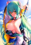  1girl aqua_hair arm_up bare_shoulders beach bikini blush bow breasts clouds detached_collar fate/grand_order fate_(series) hair_bow highres holding holding_weapon horns japanese_clothes kimono kiyohime_(fate/grand_order) kiyohime_(swimsuit_lancer)_(fate) large_breasts long_hair looking_at_viewer mika_pikazo polearm sky solo swimsuit weapon yellow_bikini yellow_eyes 