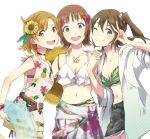  3girls :d ;) amami_haruka arm_grab bangs bikini bikini_under_clothes black_choker black_skirt bow bracelet breasts brown_eyes brown_hair character_request choker cleavage collarbone dress floral_print flower green_bikini_top green_eyes hair_bow hair_flower hair_ornament hairclip hand_on_another&#039;s_back hat hat_removed headwear_removed holding holding_weapon idolmaster idolmaster_million_live! innertube jacket jewelry kasuga_mirai looking_at_viewer midriff multiple_girls navel one_eye_closed one_side_up open_mouth pendant pineapple_print print_dress red_bow round_teeth sarong scrunchie simple_background skirt small_breasts smile straw_hat striped striped_bow sun_hat sunflower swimsuit teeth upper_teeth v weapon white_background white_bikini yabuki_kana yellow_eyes yoshito 