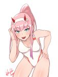  1girl 2018 :d aqua_eyes bangs bare_arms bare_shoulders breasts cleavage collarbone darling_in_the_franxx eyebrows_visible_through_hair eyelashes fangs hair_up hairband high_ponytail highres hori_shin legs_apart looking_at_viewer medium_breasts one-piece_swimsuit oni_horns open_mouth pink_hair ponytail raised_eyebrow sidelocks signature simple_background smile solo standing straight_hair swimsuit teeth tsurime white_background white_hairband white_swimsuit zero_two_(darling_in_the_franxx) 