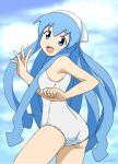  1girl :d ass blue_eyes blue_hair ikamusume open_mouth shinryaku!_ikamusume smile swimsuit tentacle_hair white_swimsuit 