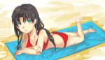 1girl alternate_hairstyle ass back baitoro barefoot beach bikini black_hair blue_eyes breasts fate/stay_night fate_(series) legs legs_together long_hair looking_at_viewer parted_lips red_bikini relaxing sand solo swimsuit thighs tohsaka_rin towel